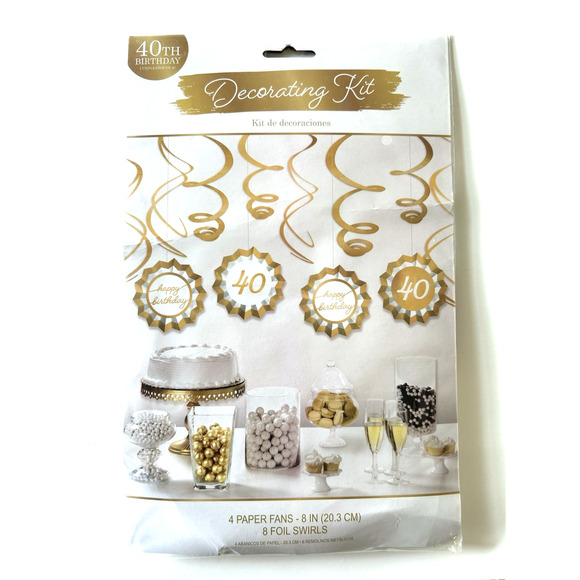 40th Birthday Party Decorations Gold & White 4 Paper Fans 8 Gold Swirls 12pcs - Picture 1 of 6